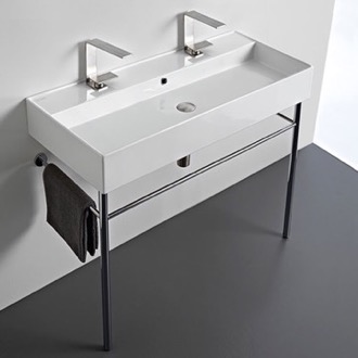 Console Bathroom Sink Large Double Ceramic Console Sink and Polished Chrome Stand, 40